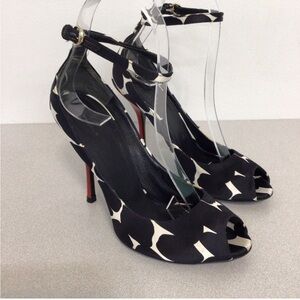Gucci Nero Black and White Satin Open Toe Heels with Hot Red Stiletto heel
